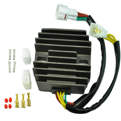 Black motorcycle voltage regulator rectifier with wiring harness and connectors on white background