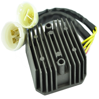 Black motorcycle voltage regulator rectifier with cooling fins and white connectors with yellow and black wires