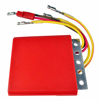 Red electronic module with yellow, red, and brown wires and a metal mounting bracket