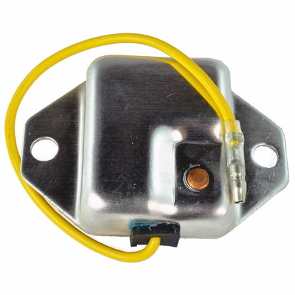 Metal electronic component with two mounting holes and attached yellow wire connector