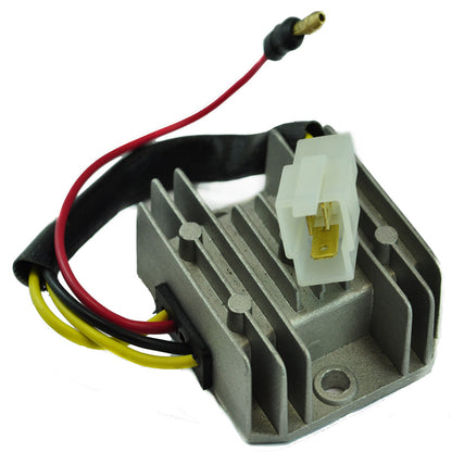 Motorcycle voltage regulator rectifier with cooling fins and red, yellow, and black wires on white background