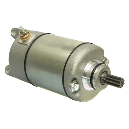 Silver cylindrical electric motor starter with gear shaft and mounting bolts on white background