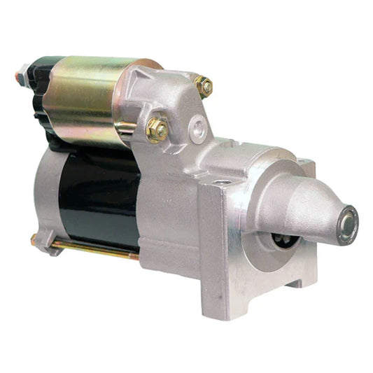 Silver and black automotive starter motor with metallic housing and mounting bolts