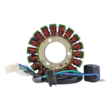 Close-up of copper coil stator with green caps and attached wiring on white background