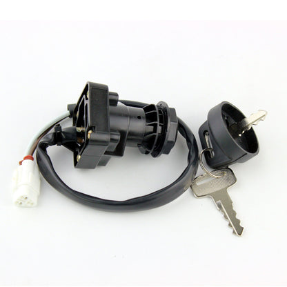 Two position ignition key switch with wires and a white connector for Kawasaki ATV models